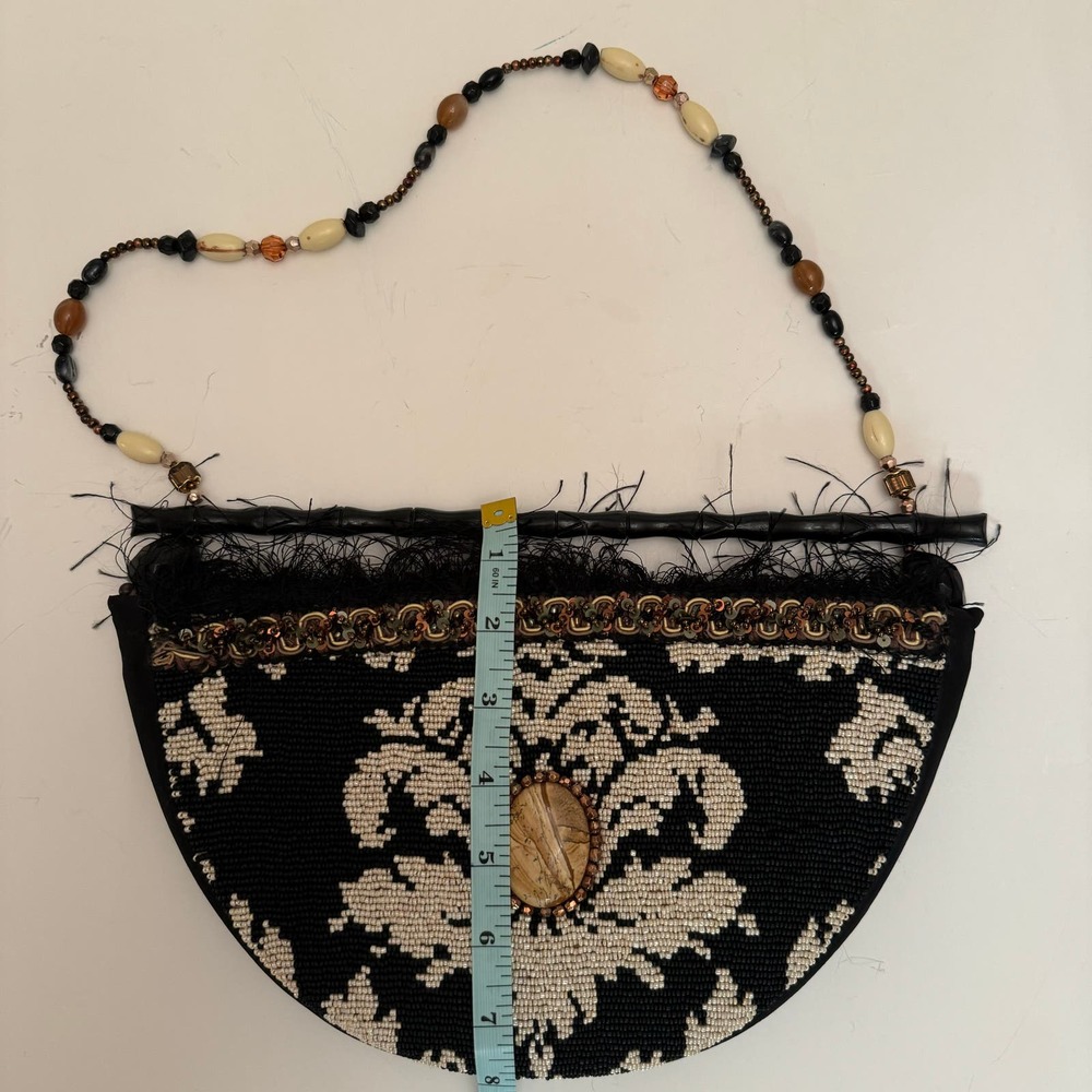 Mary Frances Fully Beaded Semi-Circle Clutch Bag Feather Trim Wood Handle - Picture 11 of 12
